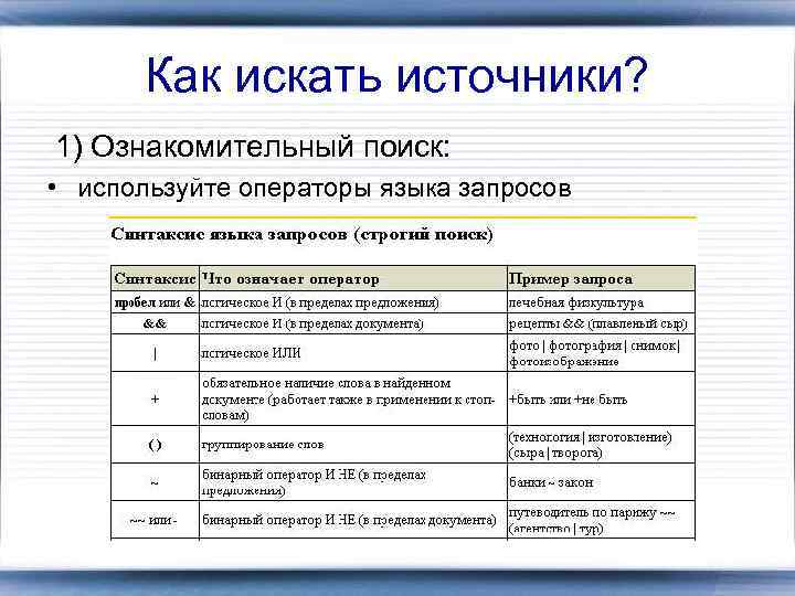 Как искать источники? 1) Ознакомительный поиск: • используйте операторы языка запросов 