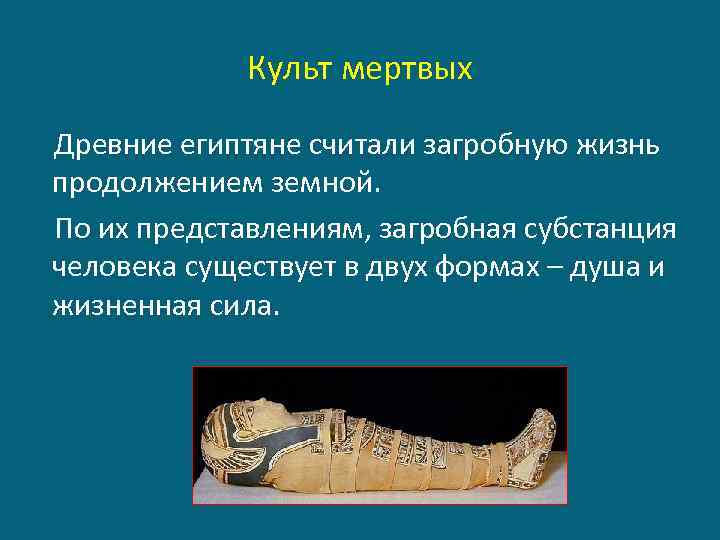 Культ мертвых Древние египтяне считали загробную жизнь продолжением земной. По их представлениям, загробная субстанция