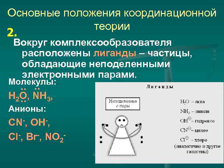 Основные положения координационной теории 2. Вокруг комплексообразователя расположены лиганды – частицы, обладающие неподеленными электронными