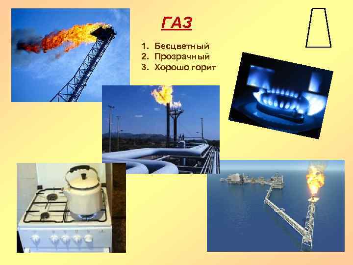 ГАЗ 1. Бесцветный 2. Прозрачный 3. Хорошо горит 
