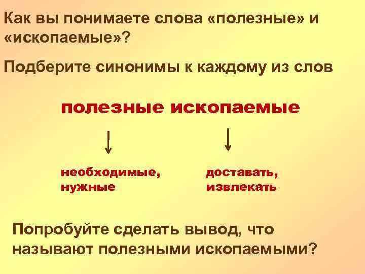 Как вы понимаете слова «полезные» и «ископаемые» ? Подберите синонимы к каждому из слов