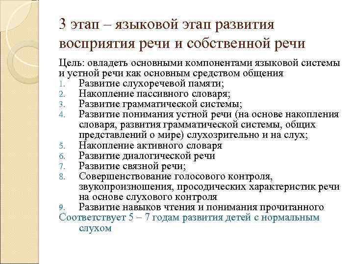 3 этап – языковой этап развития восприятия речи и собственной речи Цель: овладеть основными