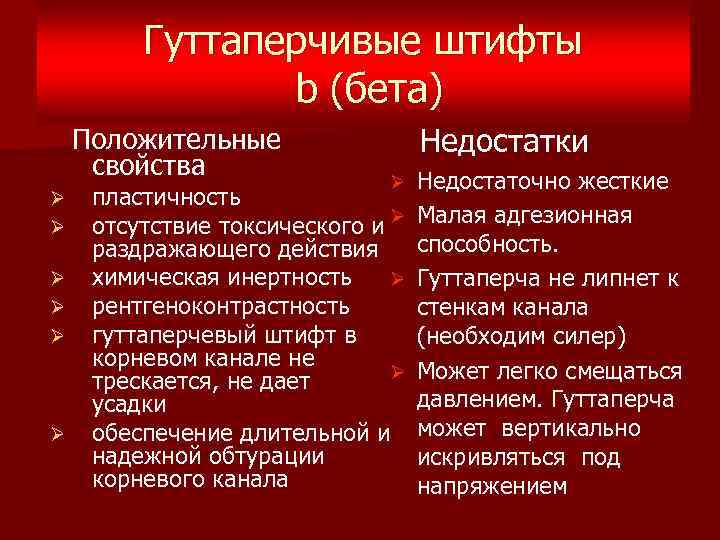 Гуттаперчивые штифты b (бета) Положительные свойства Ø Ø Ø Недостатки Недостаточно жесткие пластичность отсутствие