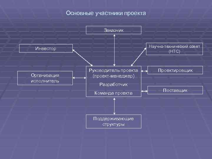 Основные участники проекта Заказчик Научно-технический совет (НТС) Инвестор Организация исполнитель Руководитель проекта (проект-менеджер) Проектировщик