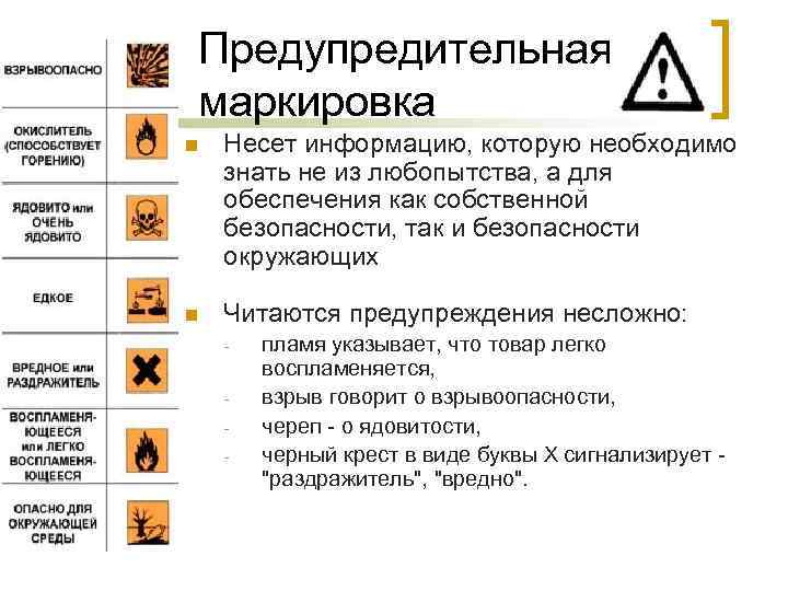 Предупредительная маркировка n Несет информацию, которую необходимо знать не из любопытства, а для обеспечения
