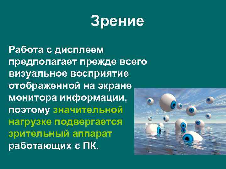 Зрение Работа с дисплеем предполагает прежде всего визуальное восприятие отображенной на экране монитора информации,