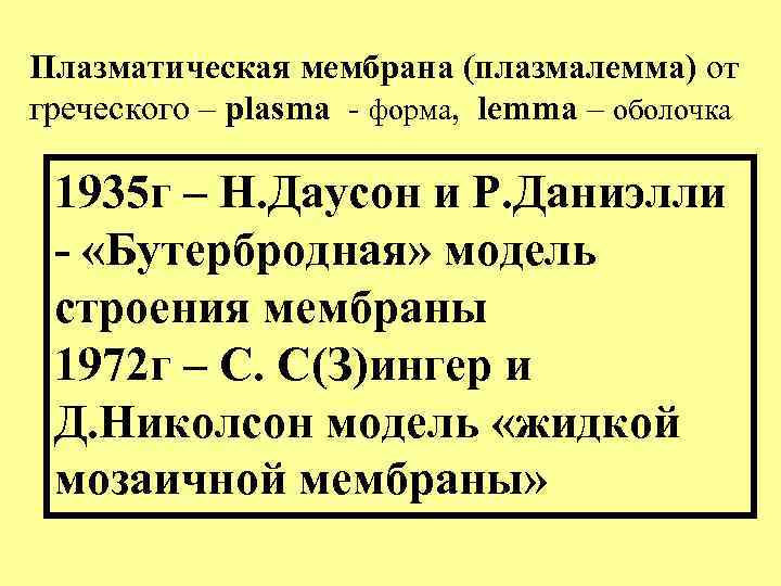 Плазматическая мембрана (плазмалемма) от греческого – plasma - форма, lemma – оболочка 1935 г
