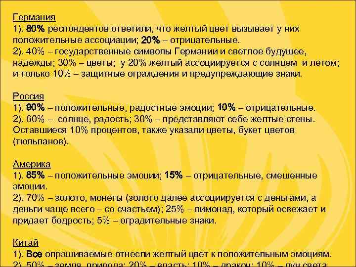Германия 1). 80% респондентов ответили, что желтый цвет вызывает у них положительные ассоциации; 20%