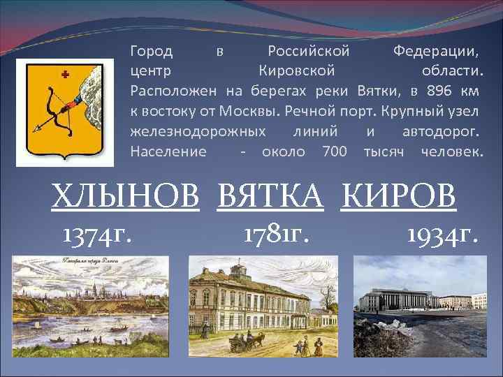 Город в Российской Федерации, центр Кировской области. Расположен на берегах реки Вятки, в 896