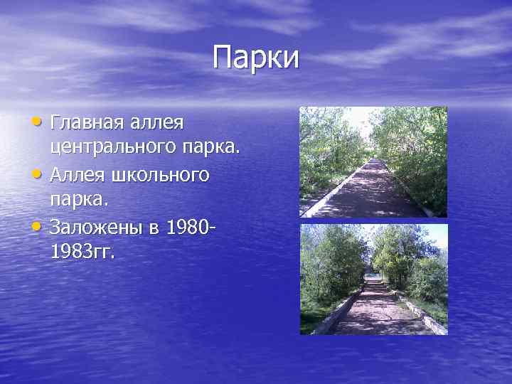 Парки • Главная аллея • • центрального парка. Аллея школьного парка. Заложены в 19801983