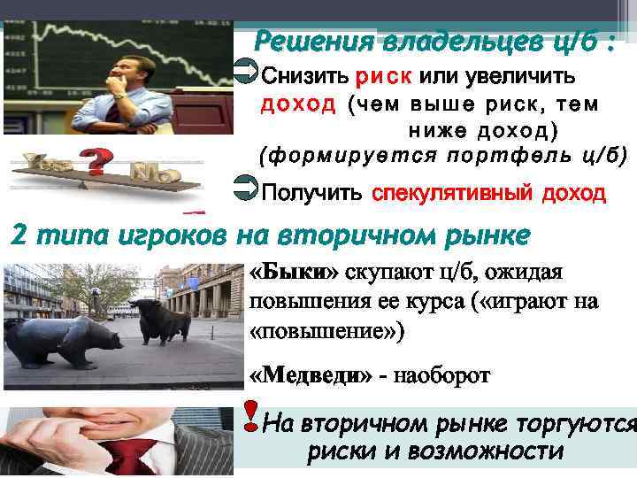 Решения владельцев ц/б : ÜСнизить р и с к или увеличить доход (чем выше