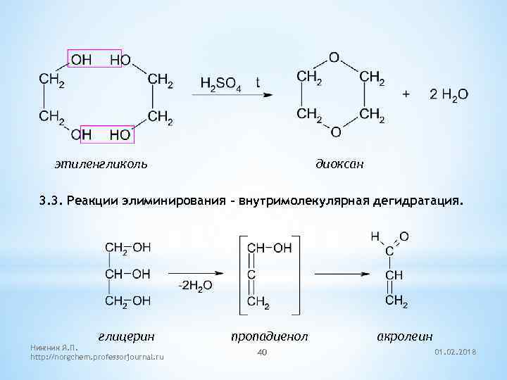 этиленгликоль диоксан 3. 3. Реакции элиминирования – внутримолекулярная дегидратация. глицерин Нижник Я. П. http: