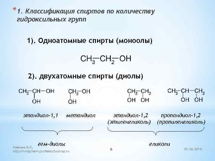*1. Классификация спиртов по количеству гидроксильных групп 1). Одноатомные спирты (моноолы) 2). двухатомные спирты
