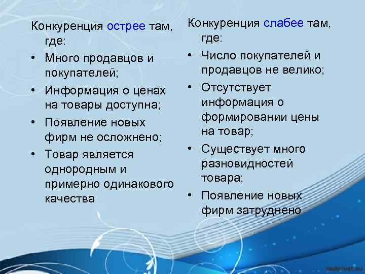 Конкуренция острее там, где: • Много продавцов и покупателей; • Информация о ценах на