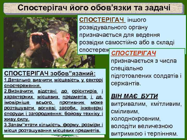  Спостерігач його обов’язки та задачі СПОСТЕРІГАЧ іншого розвідувального органу призначається для ведення розвідки