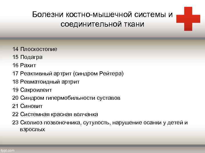 Болезни костно-мышечной системы и соединительной ткани 14 Плоскостопие 15 Подагра 16 Рахит 17 Реактивный