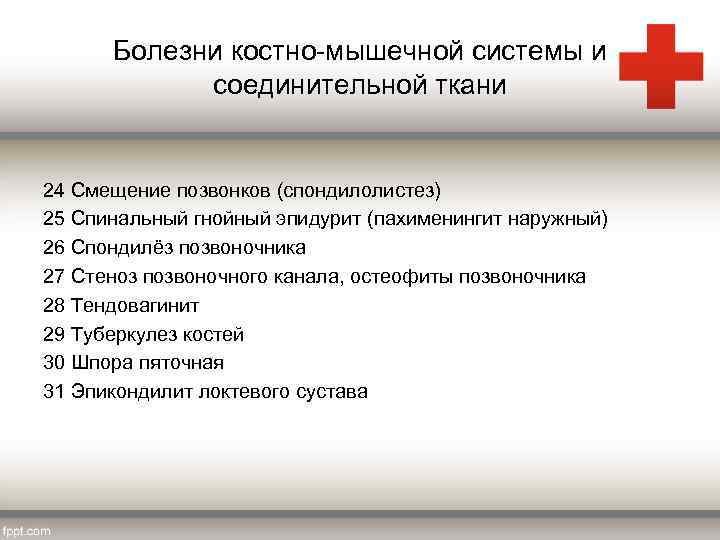 Болезни костно-мышечной системы и соединительной ткани 24 Смещение позвонков (спондилолистез) 25 Спинальный гнойный эпидурит