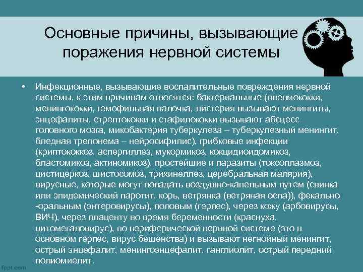 Основные причины, вызывающие поражения нервной системы • Инфекционные, вызывающие воспалительные повреждения нервной системы, к