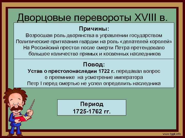 Дворцовые перевороты XVIII в. Причины: Возросшая роль дворянства в управлении государством Политические притязания гвардии