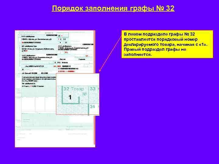 Порядок заполнения графы № 32 1036000507399 ЭК 1 ООО «Фаберлик» 116403 г. Москва, ул.
