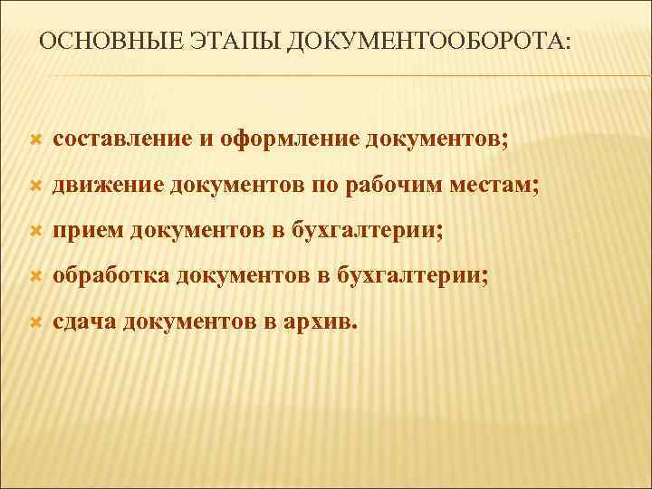 ОСНОВНЫЕ ЭТАПЫ ДОКУМЕНТООБОРОТА: составление и оформление документов; движение документов по рабочим местам; прием документов