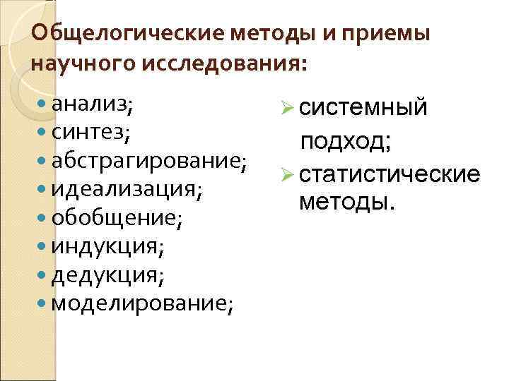 Общелогические методы и приемы научного исследования: анализ; синтез; абстрагирование; идеализация; обобщение; индукция; дедукция; моделирование;