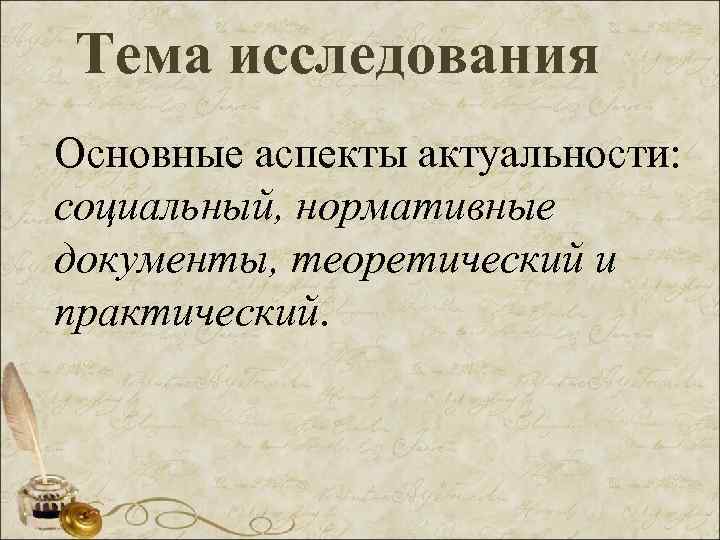 Тема исследования Основные аспекты актуальности: социальный, нормативные документы, теоретический и практический. 