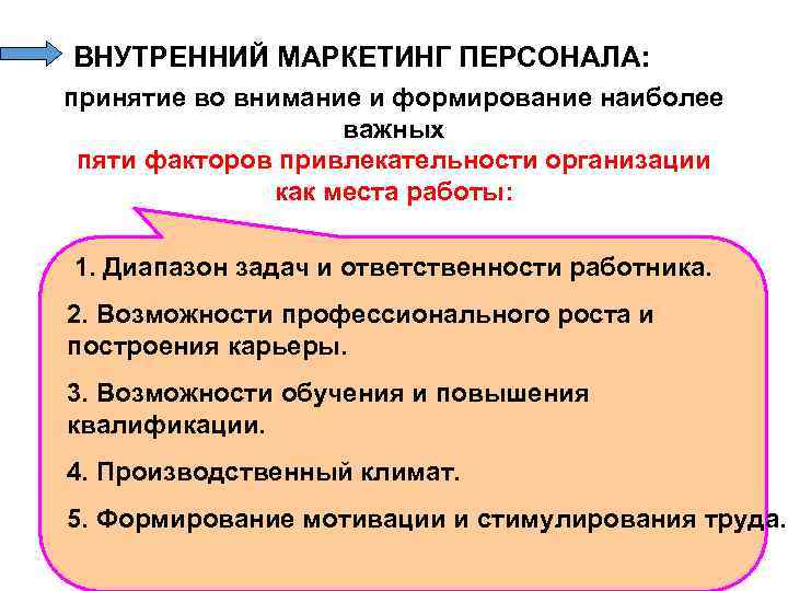 ВНУТРЕННИЙ МАРКЕТИНГ ПЕРСОНАЛА: принятие во внимание и формирование наиболее важных пяти факторов привлекательности организации