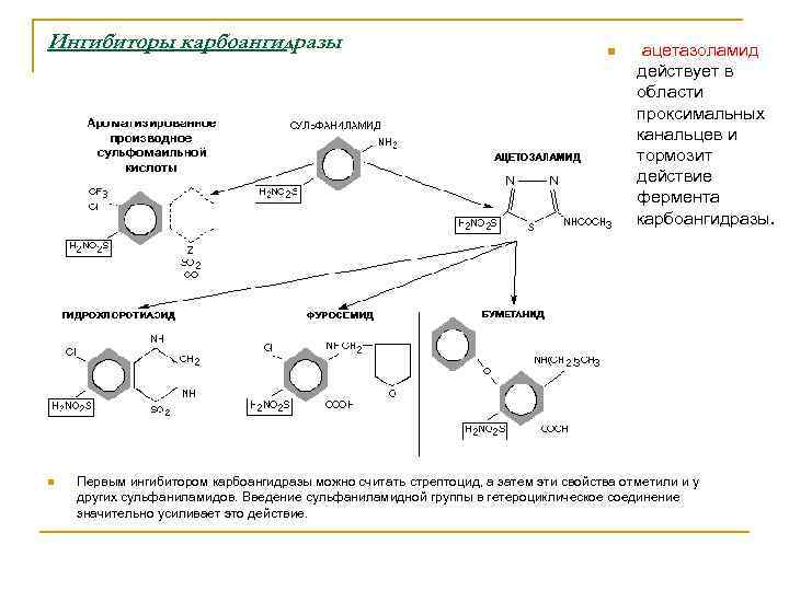 Ингибиторы карбоангидразы n n ацетазоламид действует в области проксимальных канальцев и тормозит действие фермента