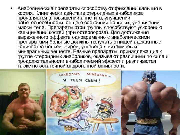  • Анаболические препараты способствуют фиксации кальция в костях. Клинически действие стероидных анаболиков проявляется