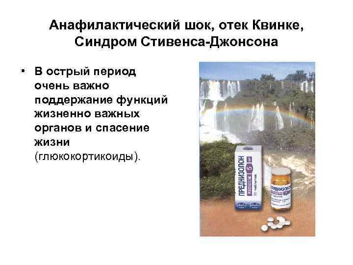 Анафилактический шок, отек Квинке, Синдром Стивенса-Джонсона • В острый период очень важно поддержание функций