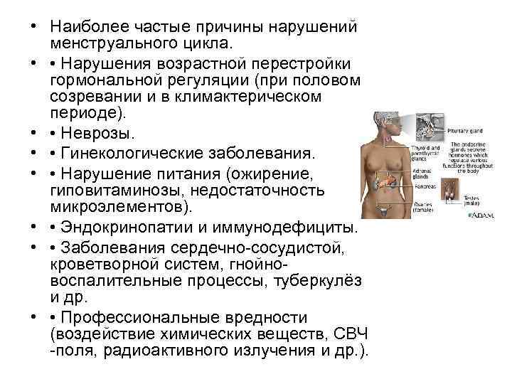  • Наиболее частые причины нарушений менструального цикла. • • Нарушения возрастной перестройки гормональной