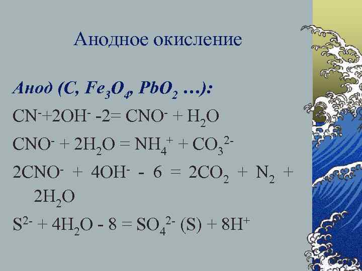  Анодное окисление Анод (С, Fe 3 O 4, Pb. O 2 …): CN-+2