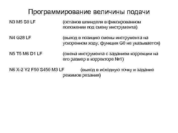 Программирование величины подачи N 3 M 5 S 0 LF (останов шпинделя в фиксированном