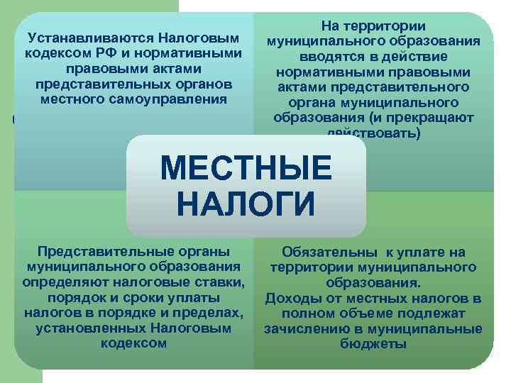 Устанавливаются Налоговым кодексом РФ и нормативными правовыми актами представительных органов местного самоуправления На территории