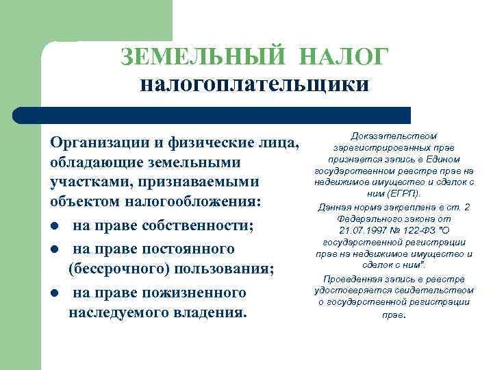 ЗЕМЕЛЬНЫЙ НАЛОГ налогоплательщики Организации и физические лица, обладающие земельными участками, признаваемыми объектом налогообложения: l