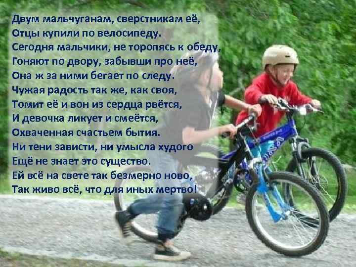 Двум мальчуганам, сверстникам её, Отцы купили по велосипеду. Сегодня мальчики, не торопясь к обеду,