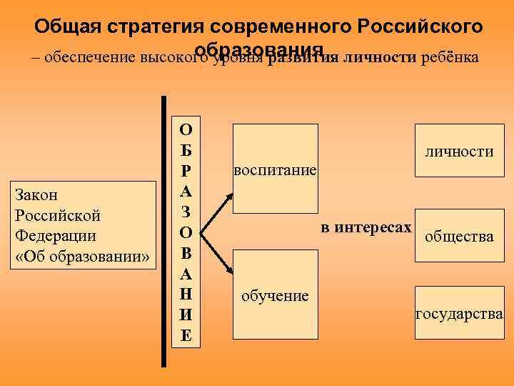 Общая стратегия современного Российского образования – обеспечение высокого уровня развития личности ребёнка Закон Российской