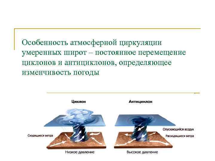 Особенность атмосферной циркуляции умеренных широт – постоянное перемещение циклонов и антициклонов, определяющее изменчивость погоды