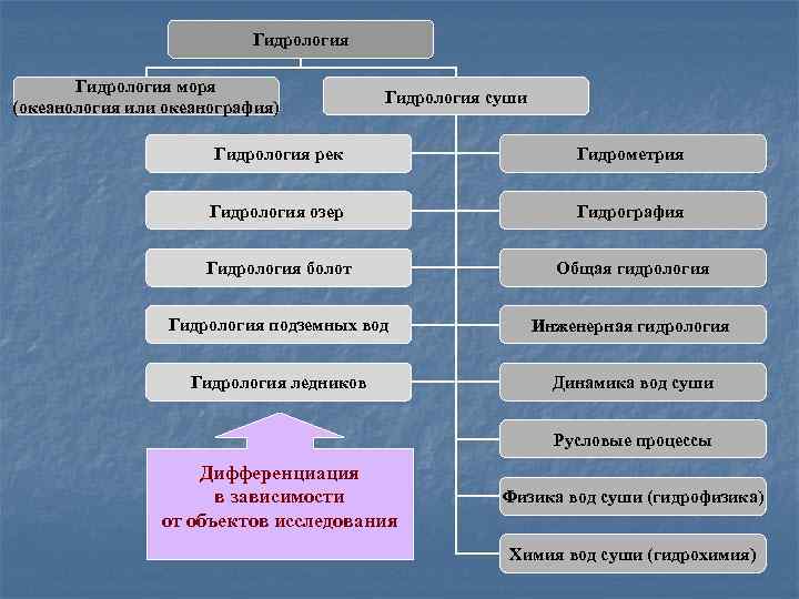 Гидрология моря (океанология или океанография) Гидрология суши Гидрология рек Гидрометрия Гидрология озер Гидрография Гидрология