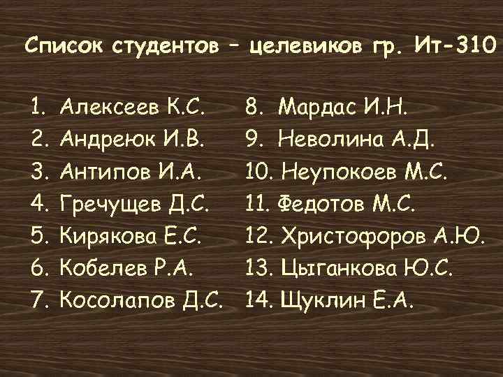 Список студентов – целевиков гр. Ит-310 1. 2. 3. 4. 5. 6. 7. Алексеев