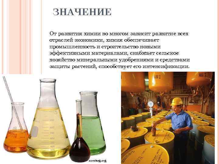 ЗНАЧЕНИЕ От развития химии во многом зависит развитие всех отраслей экономики, химия обеспечивает промышленность