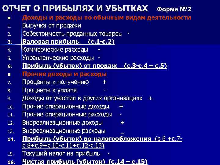 ОТЧЕТ О ПРИБЫЛЯХ И УБЫТКАХ n 1. 2. 3. 4. 5. 6. n 7.
