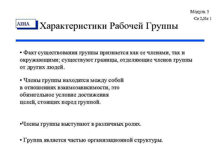 Модуль 5 AIHA Характеристики Рабочей Группы • Факт существования группы признается как ее членами,