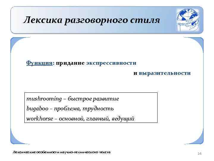 Лексика разговорного стиля Функция: придание экспрессивности и выразительности mushrooming – быстрое развитие bugaboo –