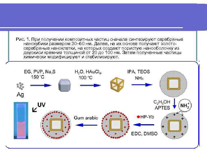 Рис. 1. При получении композитных частиц сначала синтезируют серебряные нанокубики размером 30– 60 нм.