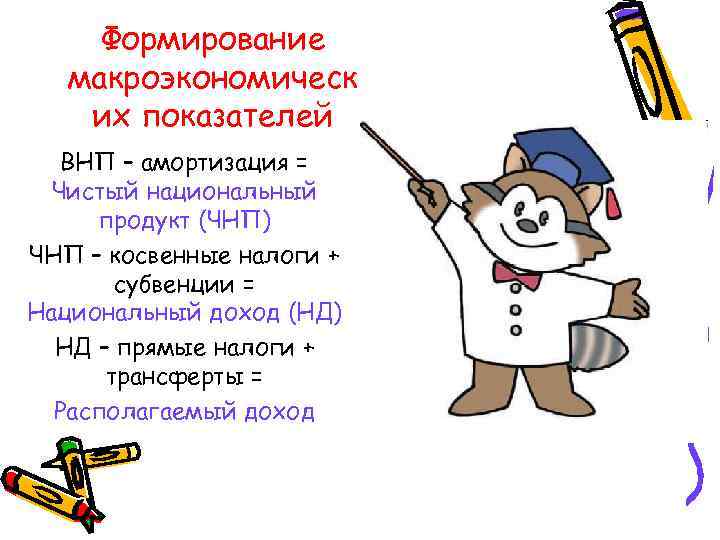 Формирование макроэкономическ их показателей ВНП – амортизация = Чистый национальный продукт (ЧНП) ЧНП –
