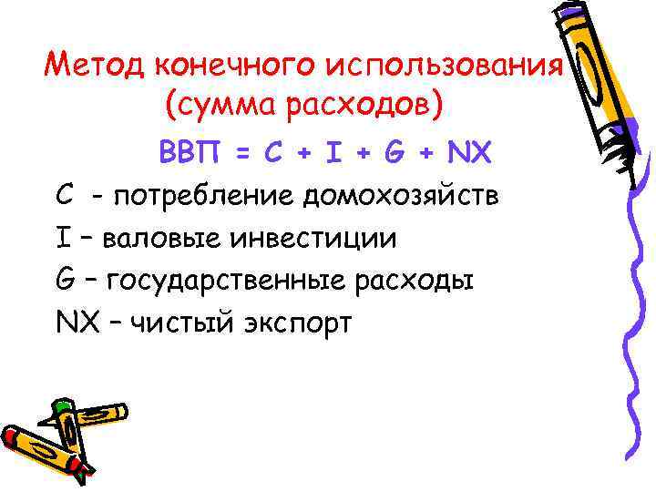 Метод конечного использования (сумма расходов) ВВП = С + I + G + NX