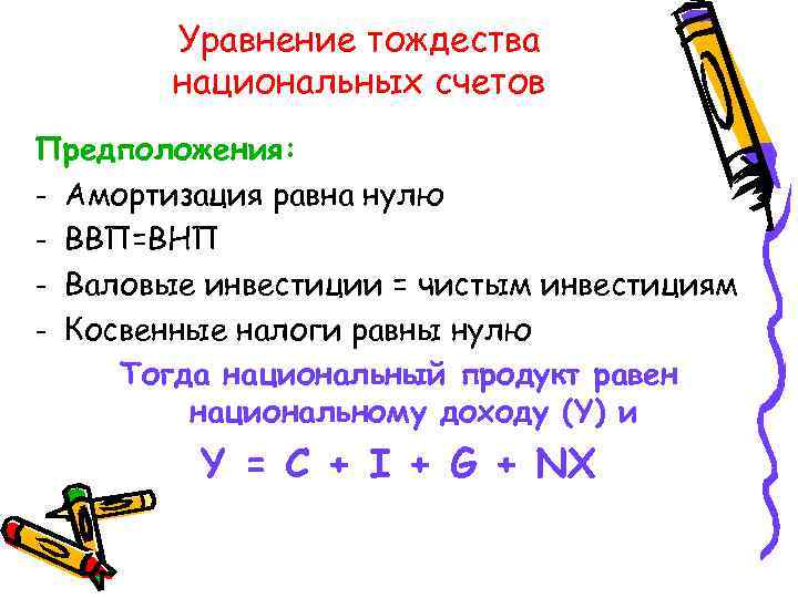 Уравнение тождества национальных счетов Предположения: - Амортизация равна нулю - ВВП=ВНП - Валовые инвестиции