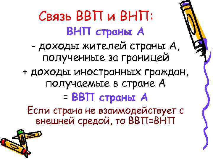 Связь ВВП и ВНП: ВНП страны А - доходы жителей страны А, полученные за